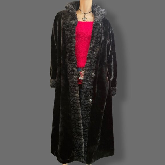 Vintage 90s Y2K Black Full Length Faux Fur Coat Size M Plush Velvety Glam Winter - Picture 1 of 13